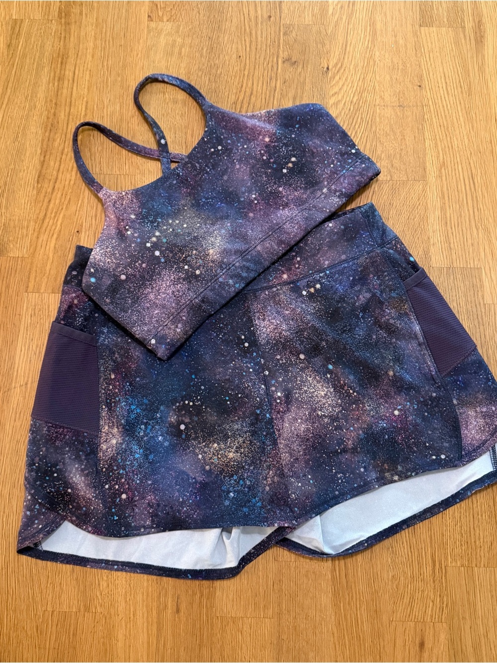 Athleta Girl XL/14 Purple Blue Space Shorts and Sports Bra Set